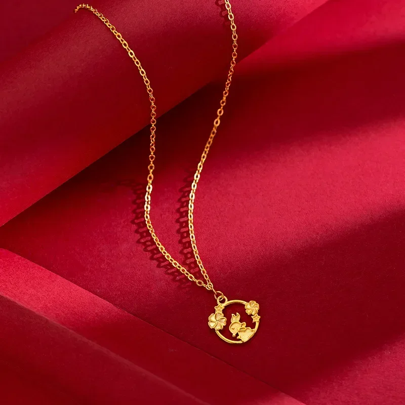 

9999 Real Gold 24K New Year's Zodiac Rabbit Necklace Laurel Rabbit with O-chain Sweet and Cute Thin Chain