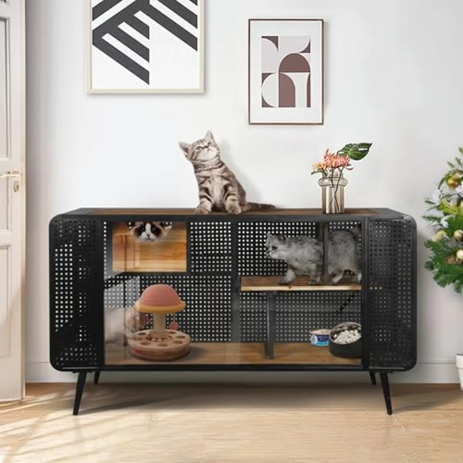 Large Cat House Furniture with Tempered Glass Sliding Doors, Wooden Indoor Cat Enclosure Cats Play House with Iron