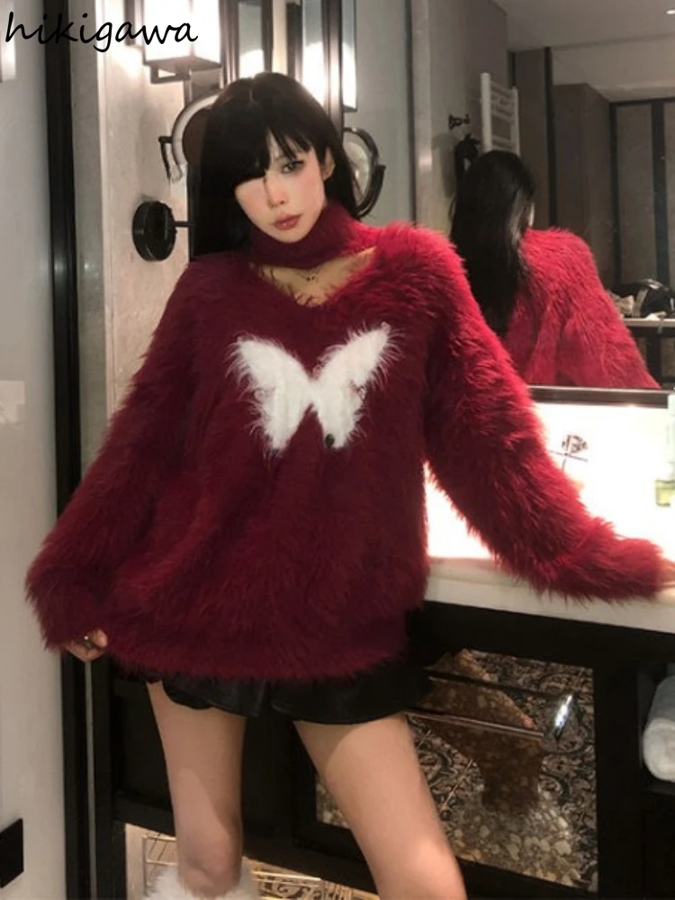 Oversized Pullovers for Women Korean Furry Jumper Pull Femme Fashion Butterfly Mohair Knitted Top Sueter Mujer Casual Sweater