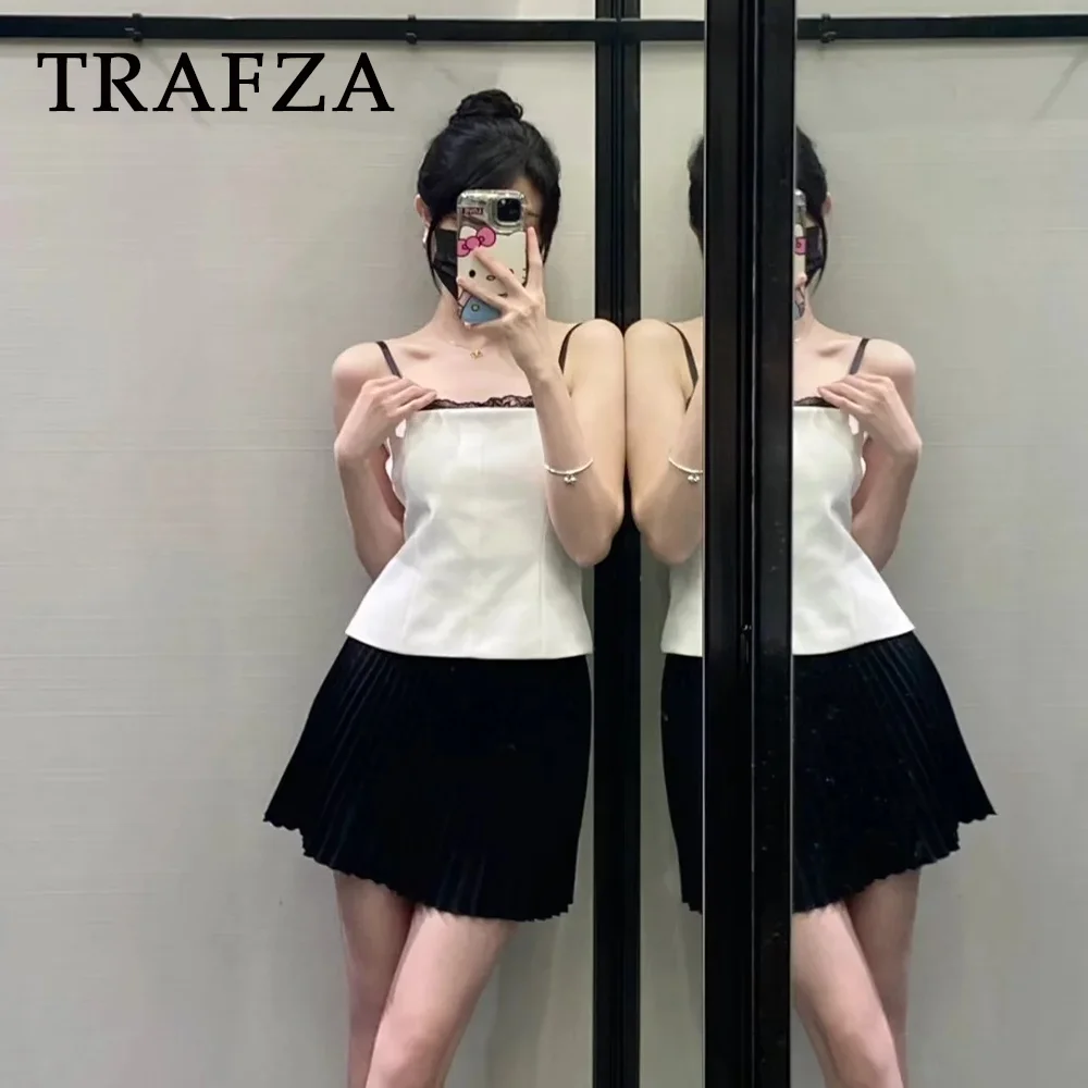 TRAFZA 2024 primavera estate Casual pizzo Patchwork donna Camis moda solido Sexy sottile discoteca senza spalline senza maniche Camis corto
