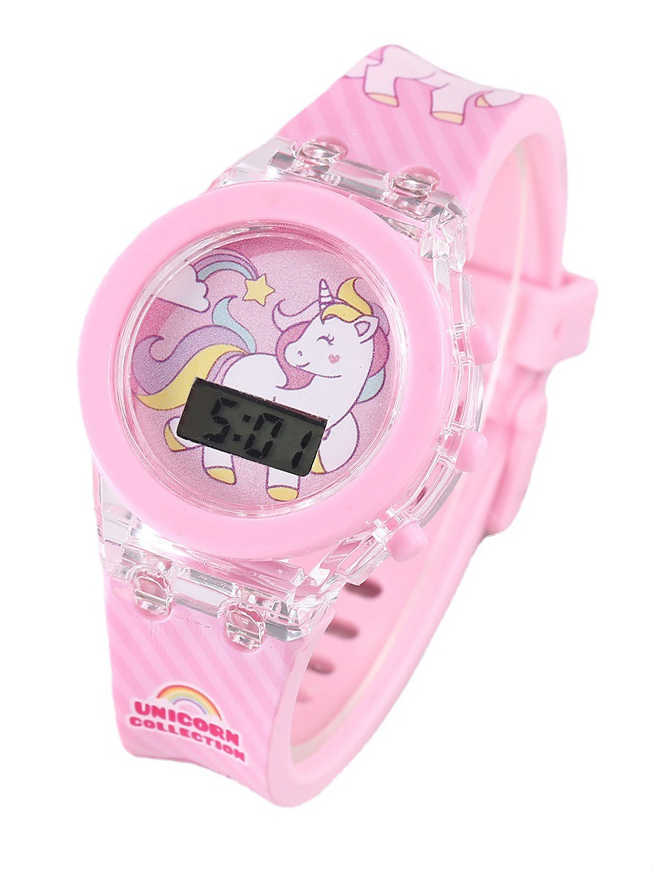 2PCS pink Unicorn silicone children\'s electronic watch and acrylic unicorn beaded bracelet set as a gift for children