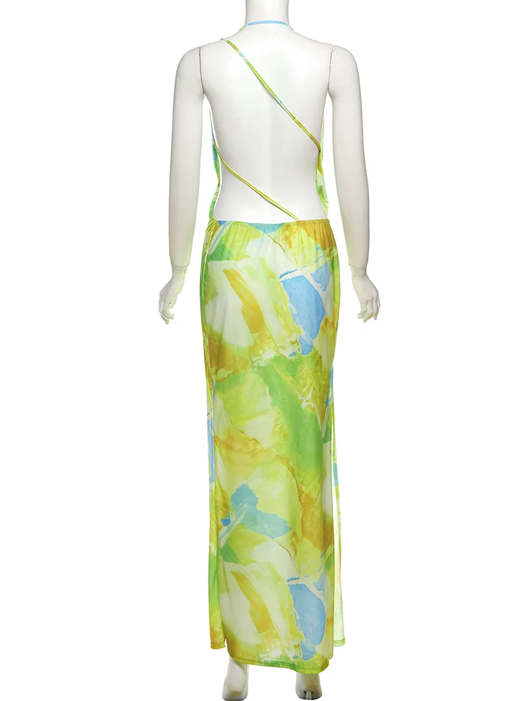 Kliou estético impresso feminino maxi vestido elegante sexy balançando baixo pescoço split sem costas bodycon mujer festivo férias vestidos