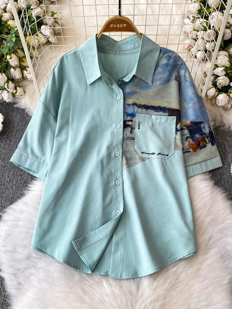 

Korean Sle Dopane Hand-Painted Print Casual irt Women's Loose Fit Single Button Slimming Top Collar ort Sve