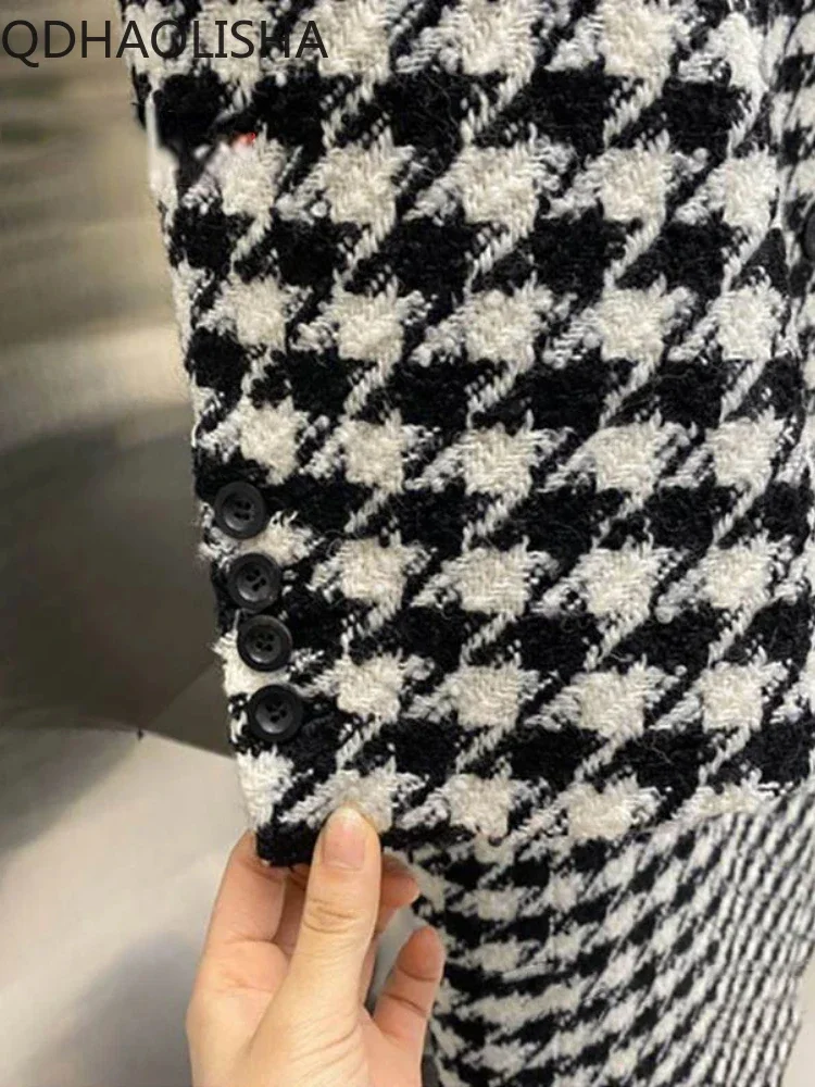 2023 Winter New In Women\'s Wool Jacket Houndstooth Elegant Korean Fashion Overcoat Office Ladies Thick Warm Long Coats for Women