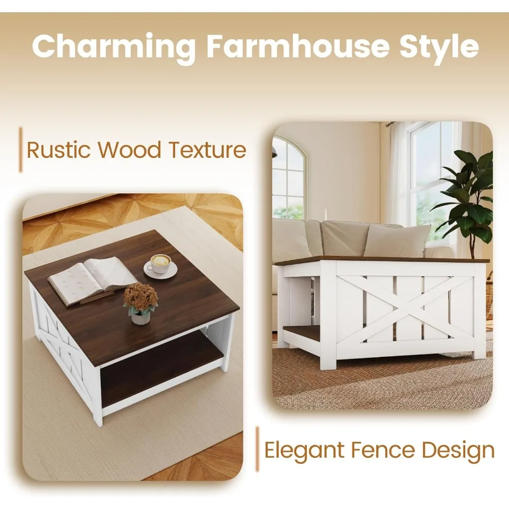 Modern 31 Square Coffee Table with Open Storage Shelf, 2-Tier X-Shaped Design, Barn Fence Style