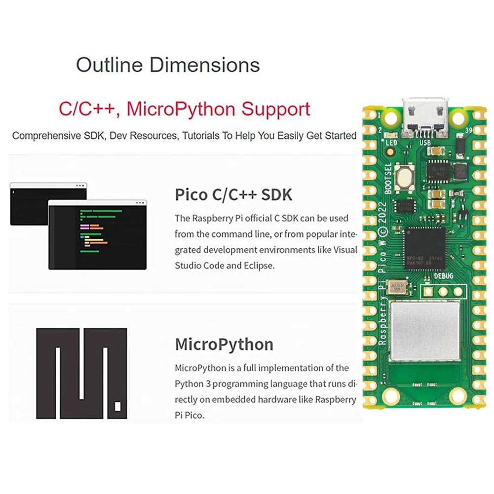 For Raspberry Pi Pico W+Acrylic Case+Micro-USB Cable RP2040 Dual Core 2MByte Flash Wireless Wifi Development Board