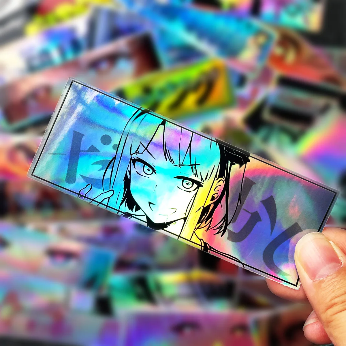 32 قطعة تعديل ثنائي JDM أنيمي الجمال العين ملصقات عشوائية الليزر قوس قزح دراجة نارية سيارة خوذة الدراجة اكسسوارات DIY الشارات