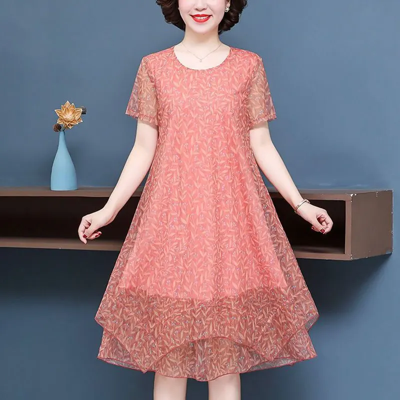 

Stylish Gauze Patchwork Irregular Midi Dress Vintage Broken Flowers Summer Short Sleeve Women's Clothing Casual Loose Dresses