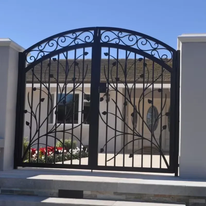 Custom Artistic Wrought Iron Ornamental Entry Gate with Floral Patterns & Brass Accents Waterproof Feature for Villas & Parks