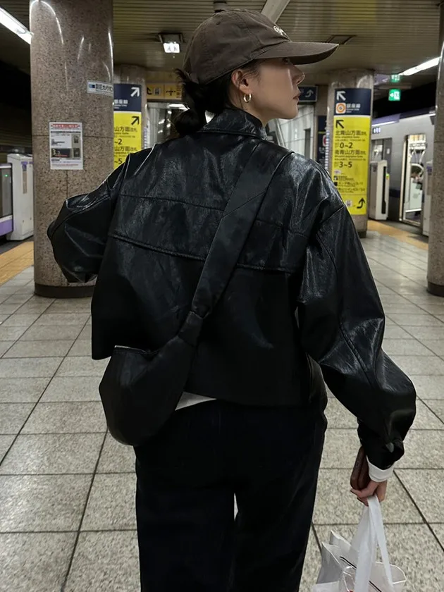 Jaet de cuero PU coreano Sle ort para mujer, ropa de motocicleta versátil Retro de Hong Kong Sle, Top de sensación de alta gama