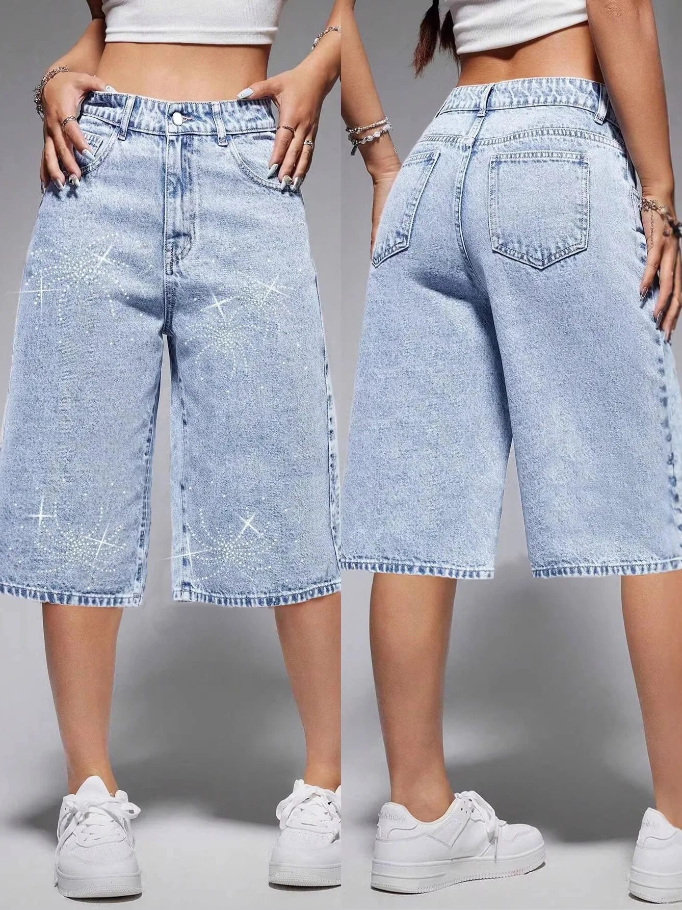 

High Waist Wide Leg Jeans Women's Light Blue Washed Denim Pants Cross-Border Drill Thermal Star Embellished Mid-Calf Length