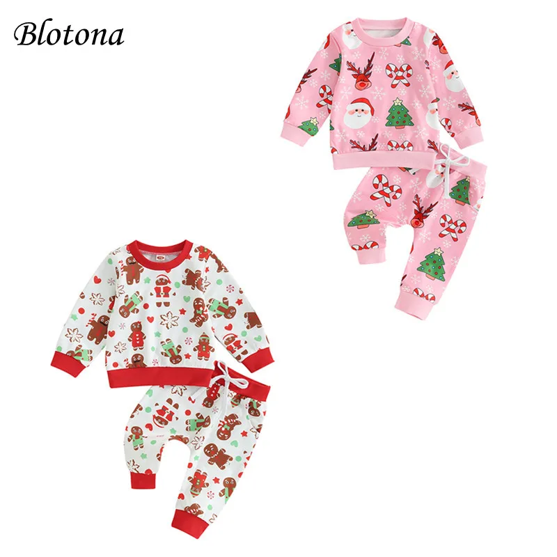 

Blotona Baby Girl Christmas Outfits Santa Claus Print Long Sleeve Round Neck Sweatshirt Pullovers and Elastic Waist Pants Set