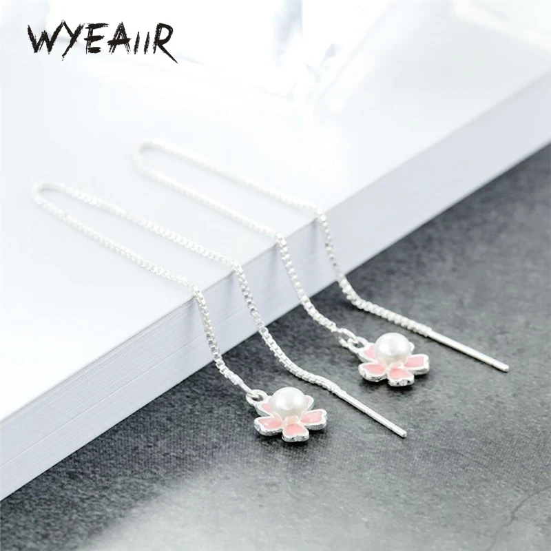 

WYEAIIR 925 Sterling Silver Natural Pearl Pink Flower Tassel Ear Line Fine Jewelry Luxury Female Earrings