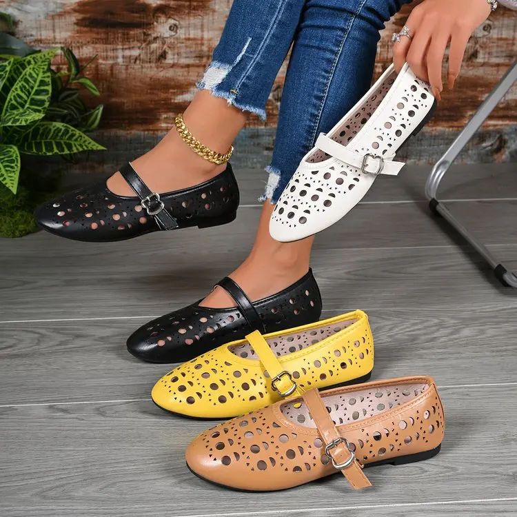 

Leather Retro Women's Loafers Women's Single Button Flat Shoes Shallow Mouth Mary Jane Shoes Summer Hollow Breathable Sandals
