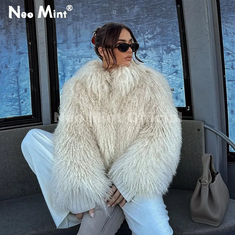 Neo Mint Iconic Blogger Fashion Faux Mongolia Sheep Fur Coat Women 2025 Winter Fluffy Warm Fur Jacket Chic Street Girl Outerwear
