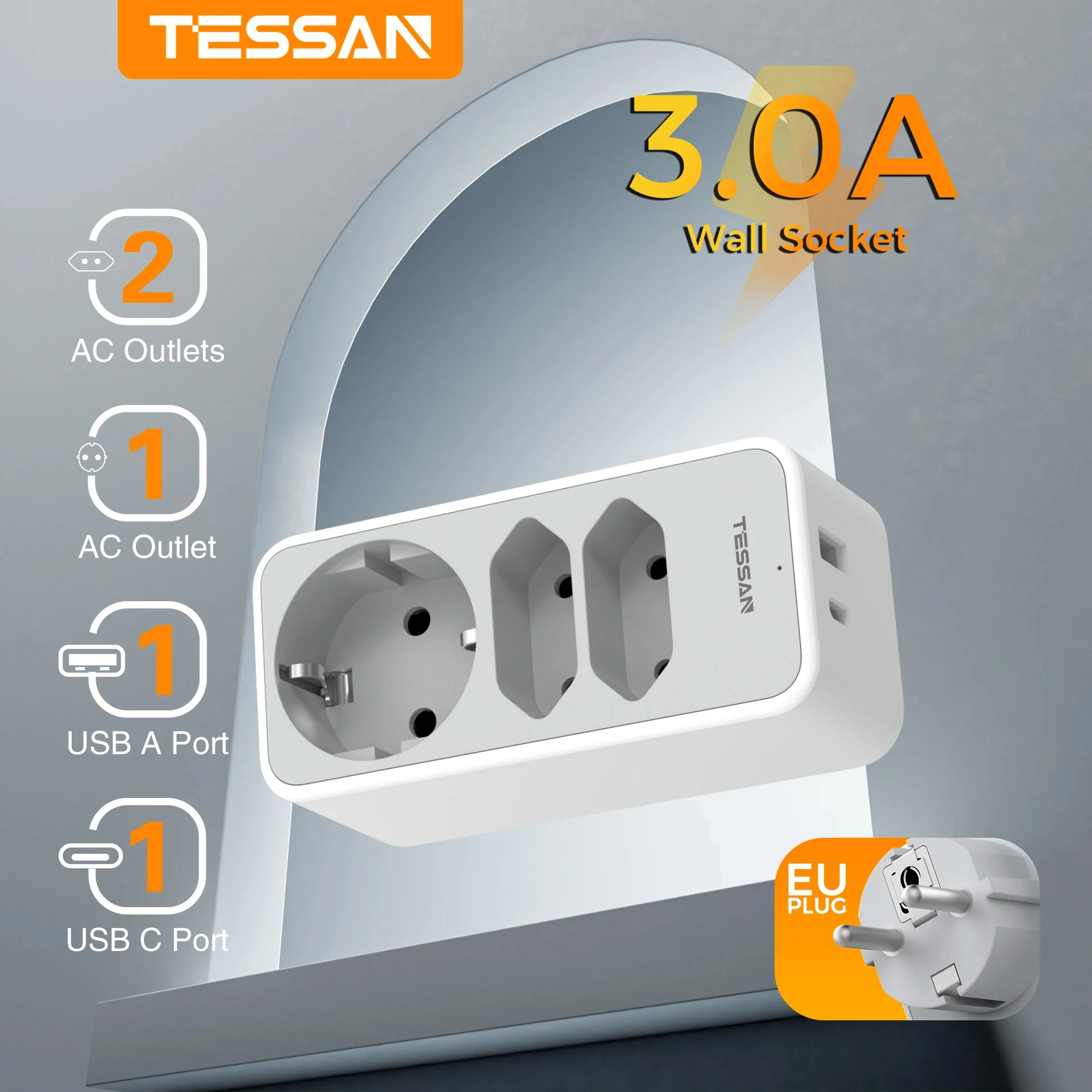 TESSAN 5-in-1 EU-Steckdosenadapter mit 3 Steckdosen, 1 USB und 1 Typ-C-Anschluss, Mehrfachsteckdosenladegerät für Zuhause und Reisen