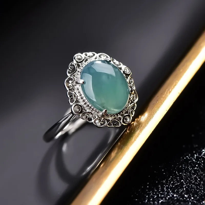 

Natural Jadeite Silver Inlay Egg Noodle Ring Luxury Charm Carved Jewelry Real Blue Water Fashion Vintage Gemstone Gift for Women