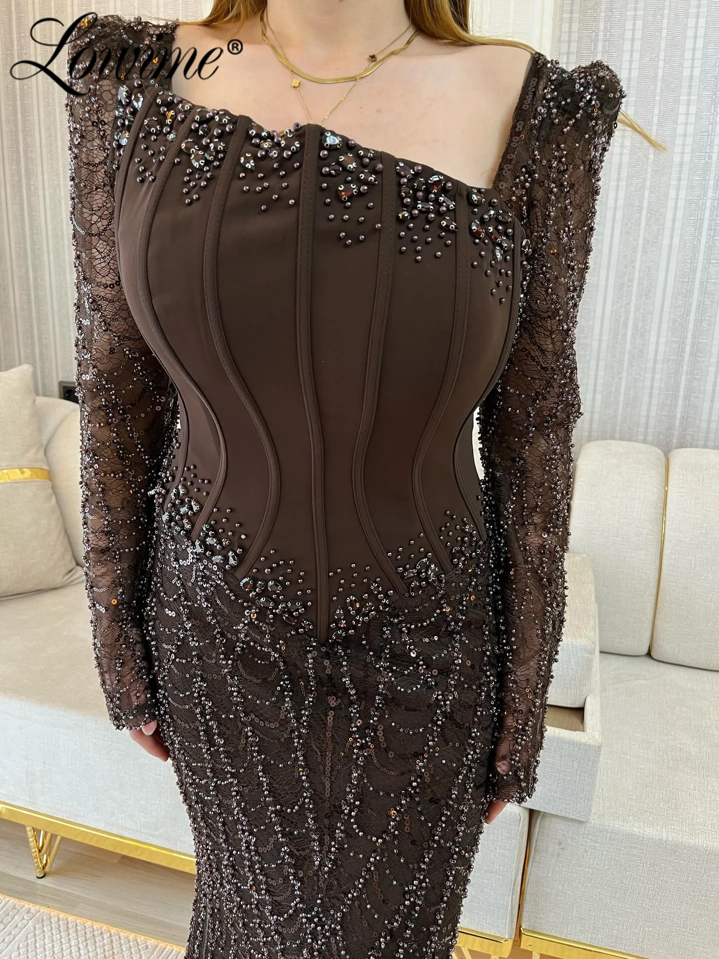 

Brown Evening Dress Formal Square Collar Full Sleeve Saudi Arabia Party Dress 2026 Robe Customized Beading Birthday Prom Dresses