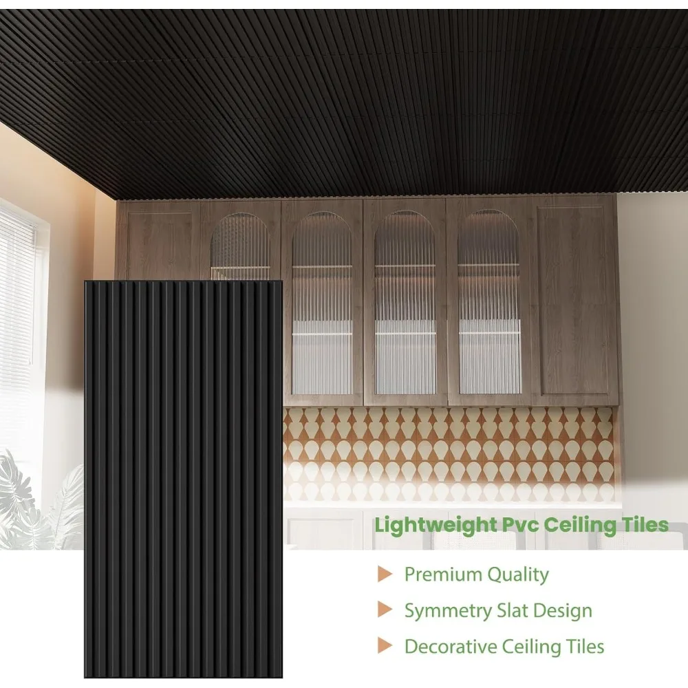 24 baldosas de techo negras, baldosas de techo de PVC de 2x4 pies para decoración de interiores, impermeables, lavables y clasificadas al fuego, ideales para la vida