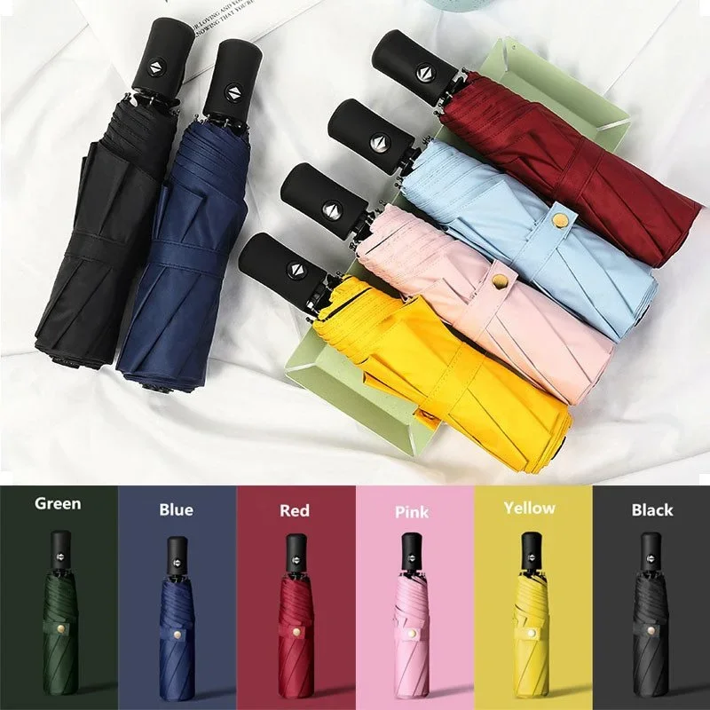 Automatic Folding Umbrella, Windproof Three-Fold Sunny & Rain Umbrella for Men & Women, Solid Color Travel & Business