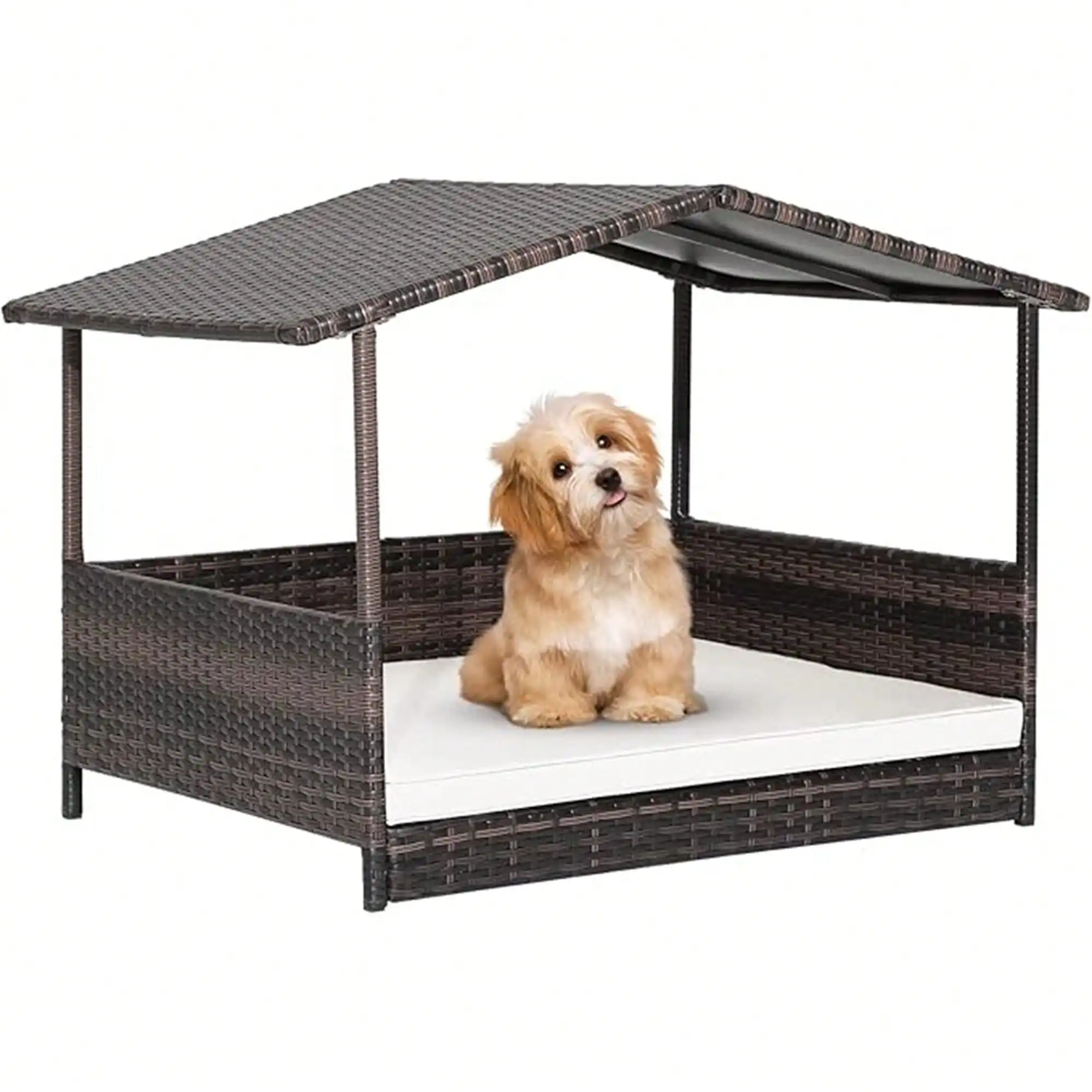 

Dog Bed With Weatherproof Roof, Raised Rattan Pet House Indoor/Outdoor With Removable Cushion Lounge For Small,