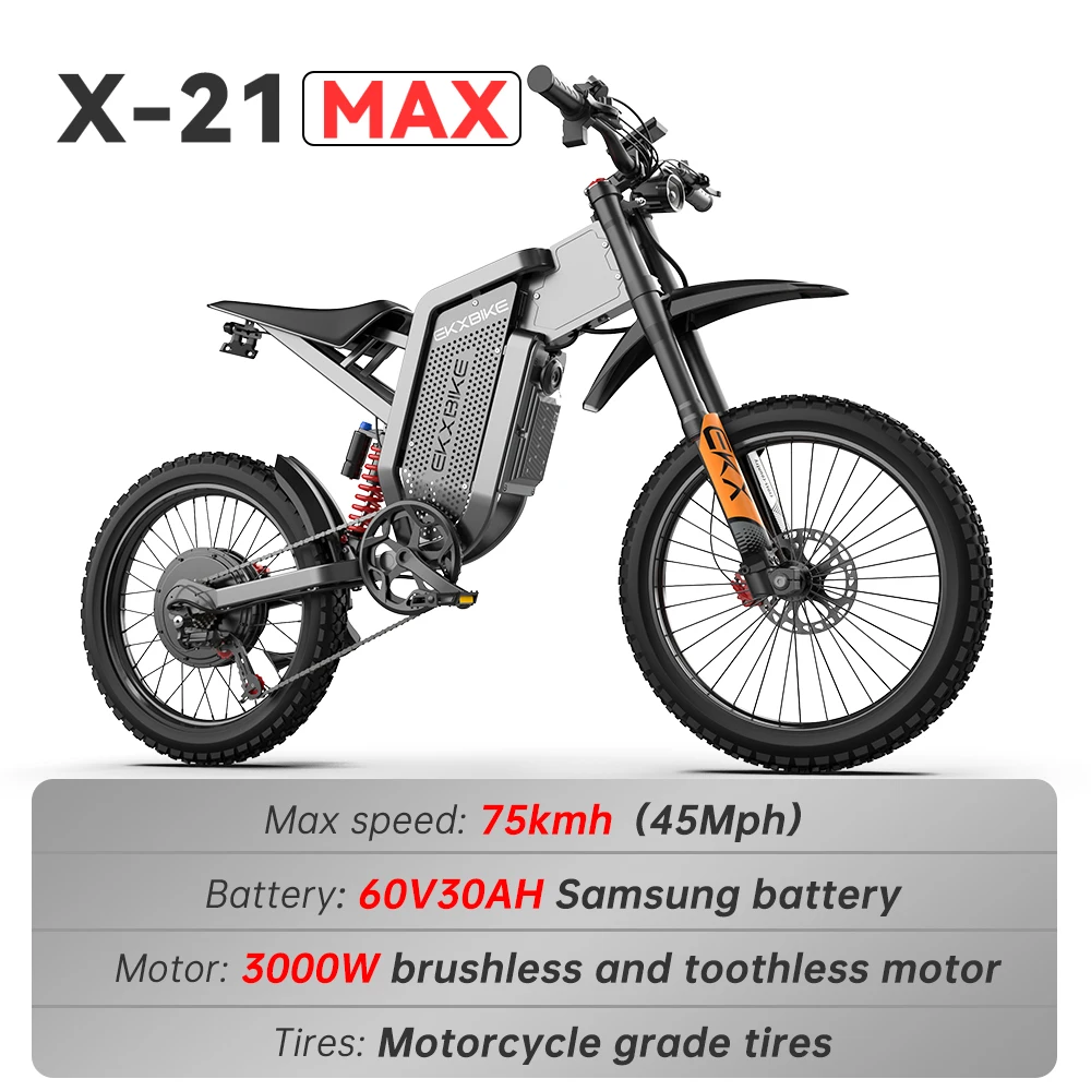 

Readygo EKXBIKE X21 Max ebike 80KM/H Electric Motorcycle 3000W Brushless Motor 60V 30Ah Battery 85km/h Adult Off-Road Ebike