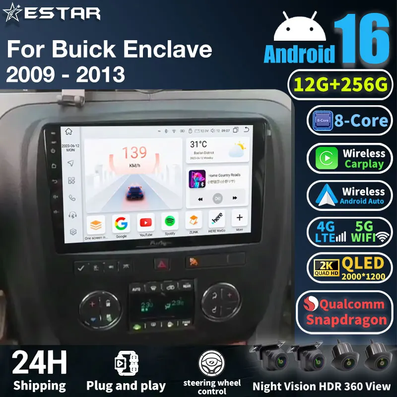Radio para Auto Android 16 para Buick Enclave 2009 2010 2011 2012 2013, Estéreo Multimedia, Navegación GPS, Reproductor de Video, Carplay Inalámbrico