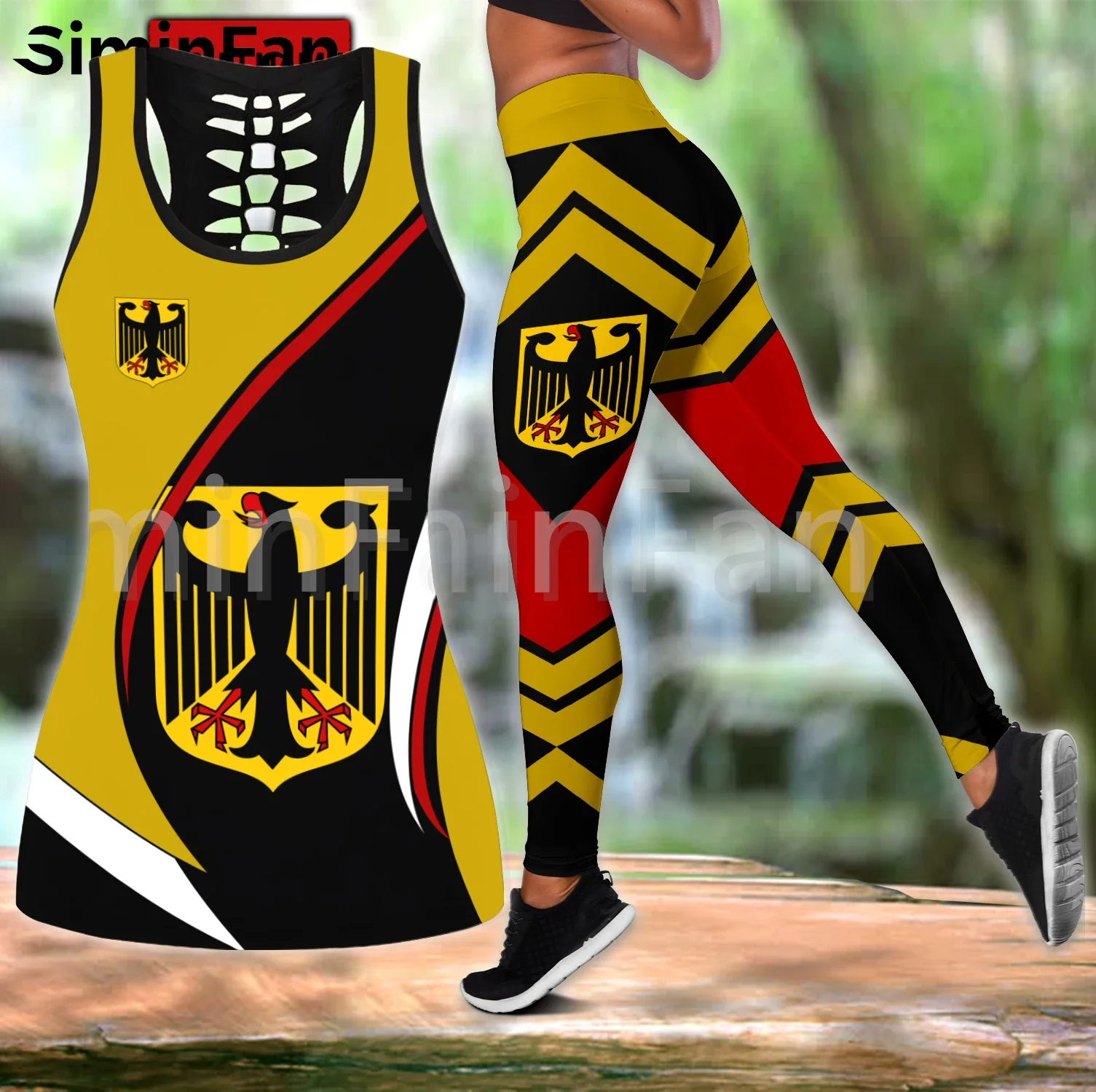 Germany Flag Design Combo Outfit Two Piece Yoga Sets Women 3D Printed Hollow Out Tank Top Leggings Summer Vest Casual Pant Suits