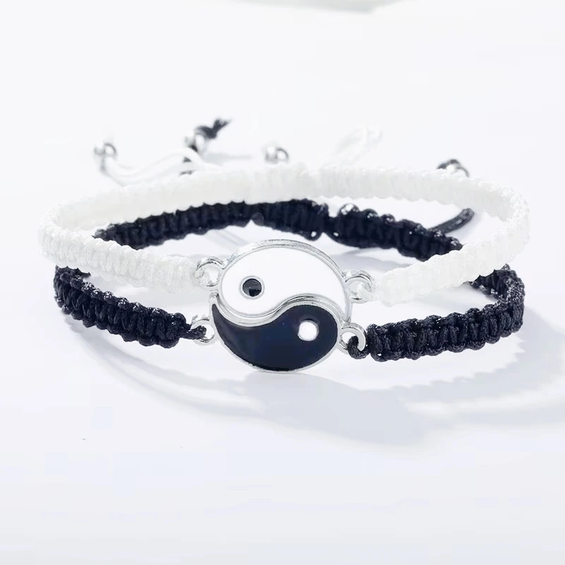 2Ps/Set Tai Chi Bagua Bracelets Yin Yang Black White Rope Braided Telescopic Adjustable Unisex Couple Jewelry