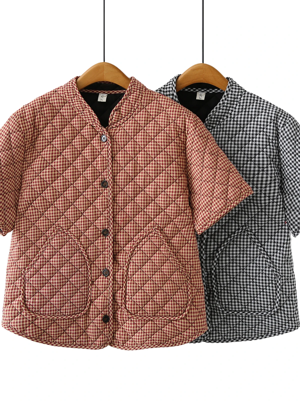 

Casual Loose Large Size Design Korean Style Cotton Jacket Shirt Collar Plaid Short Sleeve Autumn Winter New Arrival Women's Wear