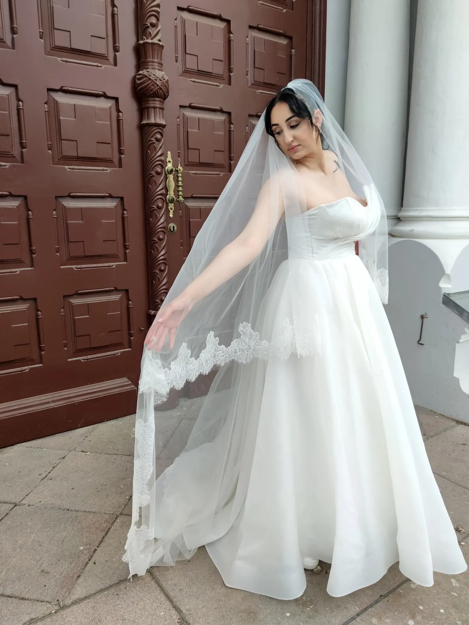 Chantilly Lace Trim Bridal Veil Cathedral Length Dramatic Lace Wedding Veil Extra Wide Ivory Soft Mantila style