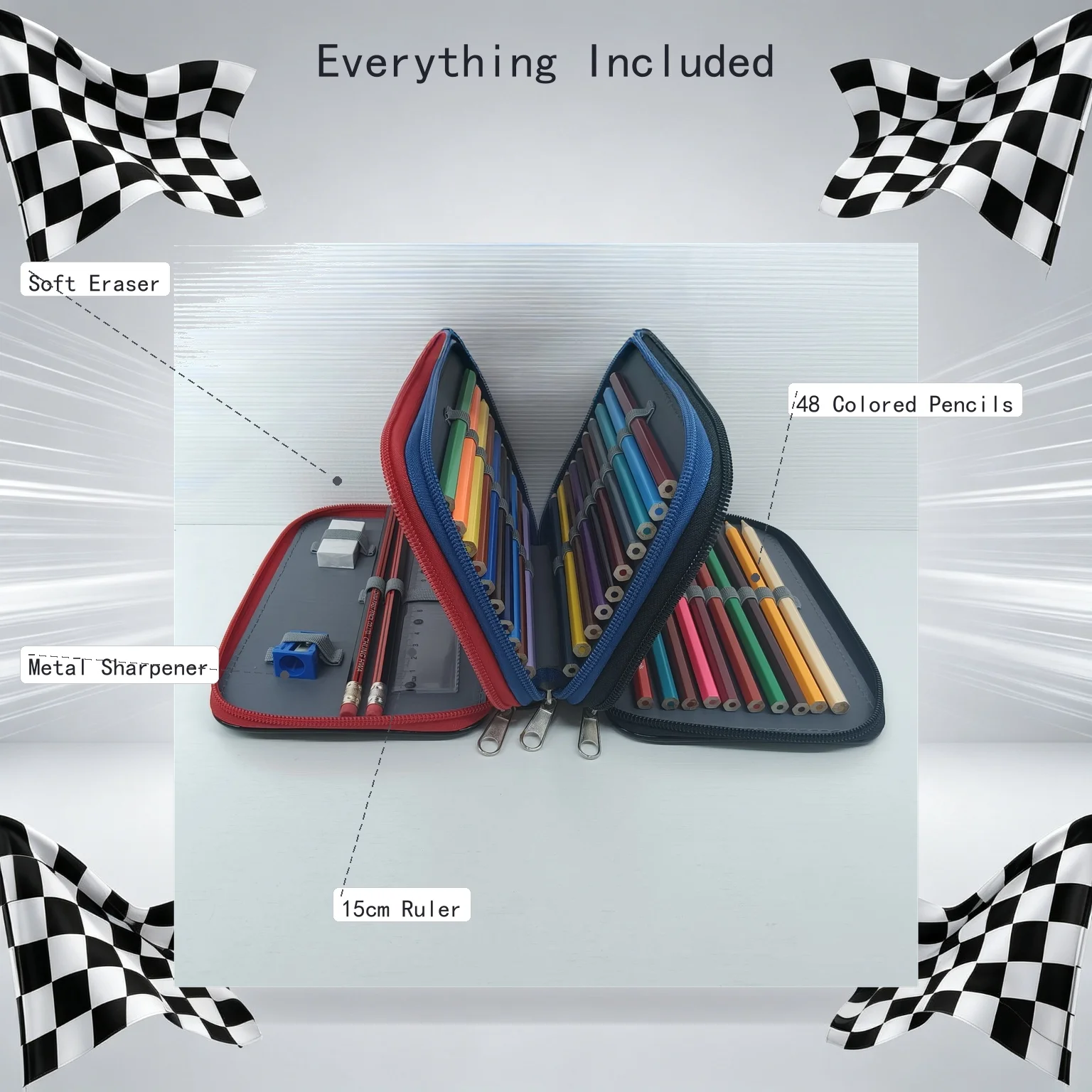 48 Colors Colored Pencil Set with Racing Car Pencil Case, Includes Sharpener Eraser Ruler, 3-Layer Zipper Art Supplies Kit for K