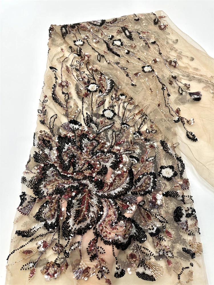 

African Beaded Lace Fabric French Bridal Sequins Lace Fabric 2025 Luxury Nigerian Tulle Lace Fabric Couture Materiel