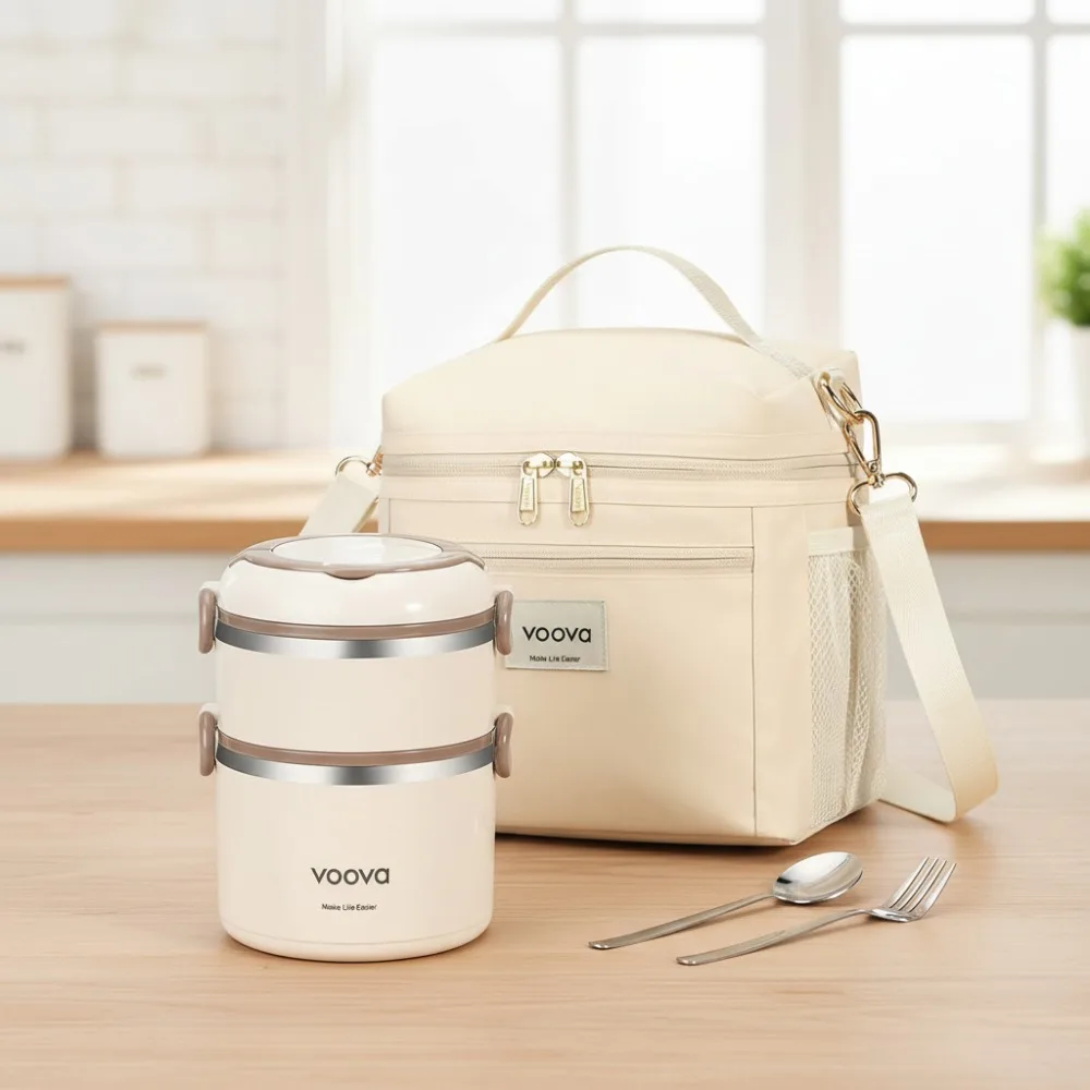 

Stackable Stainless Steel Thermal Lunch Box with Bag, 2-Tier Leakproof Microwave Safe Bento Container for Adults Work School