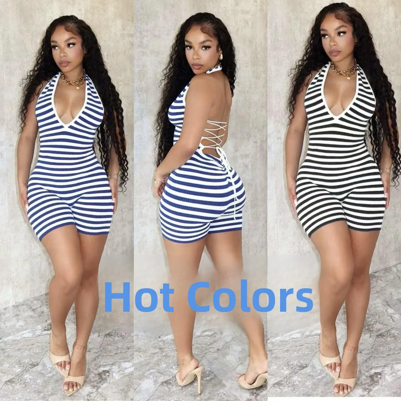 

Women's Striped Printed Hanging Ne Bal Jumpsuit Summer Season Polyester Fiber ort Pants mid Waist Design