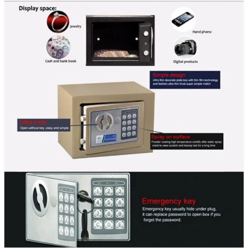 Digital Safe Box Safety Money Gun Electronic Lock Safe Fireproof Safes for Home Strongbox Small Cash Security Lockable Storage