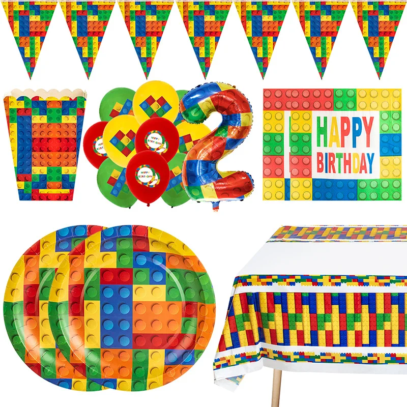 Blocchi di costruzione Decorazione per feste Stoviglie di carta Piatti Tovaglioli Tovaglia Banner