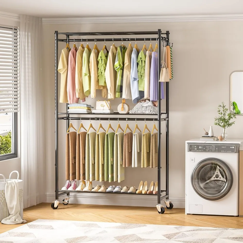 Rolling Clothes Rack for Hanging Clothes, 300Lbs Capacity Garment Rack with Double Rods & 3 Wire Shelves, Cloth Wardrobe