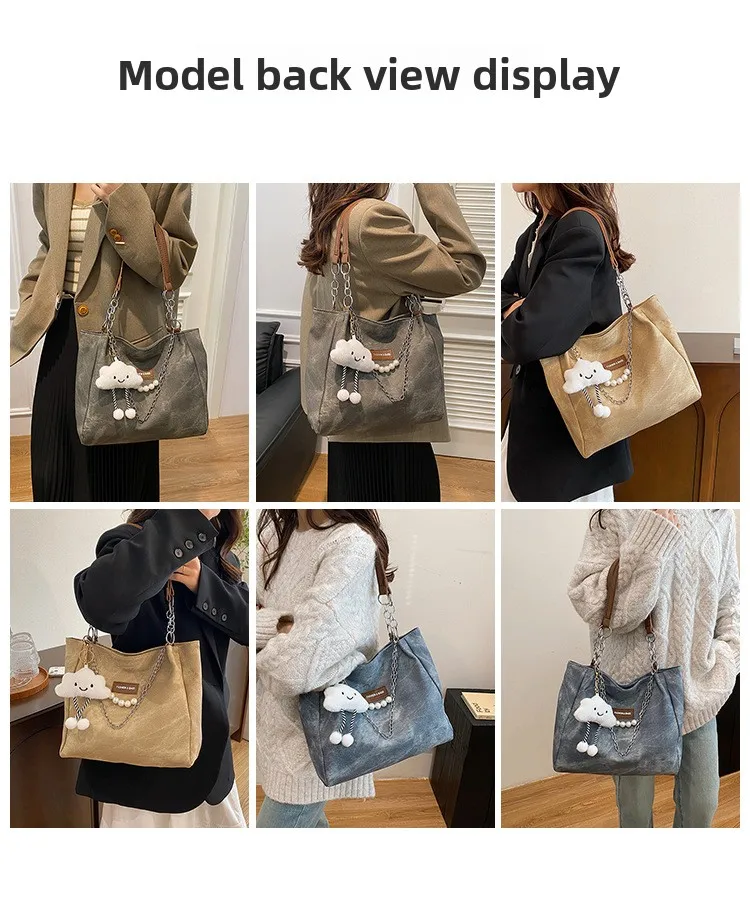 Damen Tie-Dye Denim Schultertasche mit Wolkenanhänger und Perlenkette – Lässige Alltags- und Schultasche für Damen – Detail 7