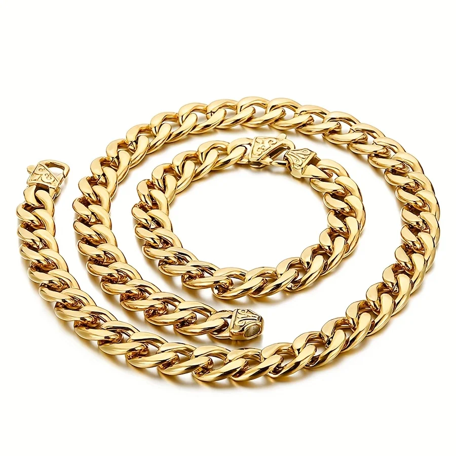 

2pcs Miami Cuban Link Chain Set for Men Hip Hop Jewelry 18K Gold Plated Stainless Steel Patterned Buckle Bracelet Necklace Set