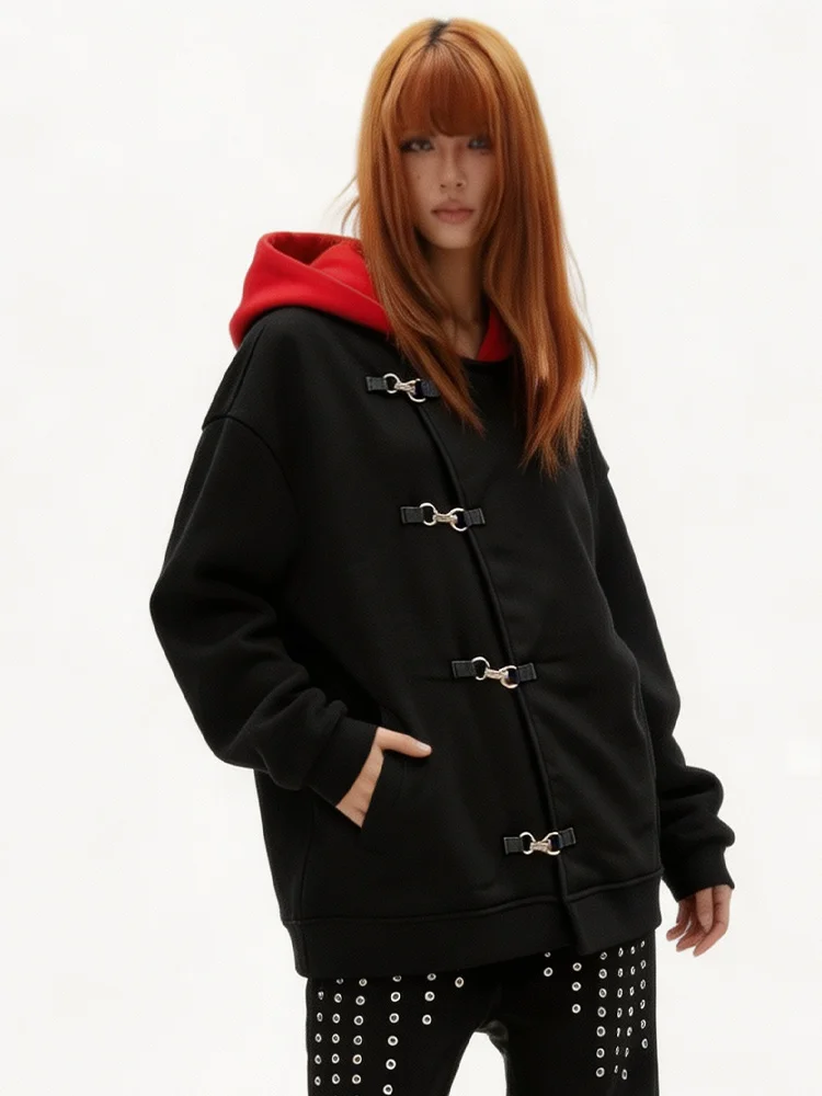 Herbst Winter Damen Goth Streetwear Y2K Ästhetik Kontrast-Kapuze Metallschnallen-Detail Diagonale Vorderseite Übergroßer Kapuzenpullover – Detail 7