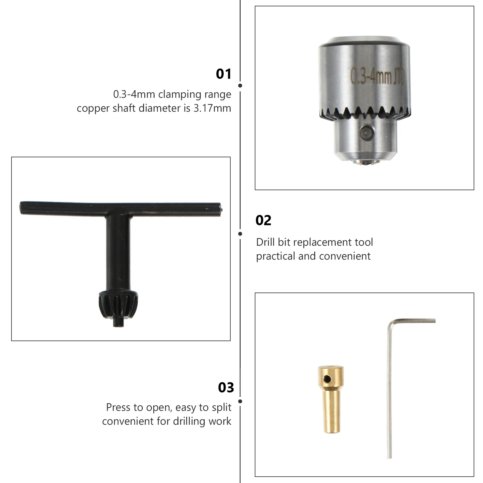 

Electric Drill Chuck 0.3 4mm Clamping Range 3.17mm Copper Shaft Carbon Steel Practical Split Drilling Impact Lathe Power Quick