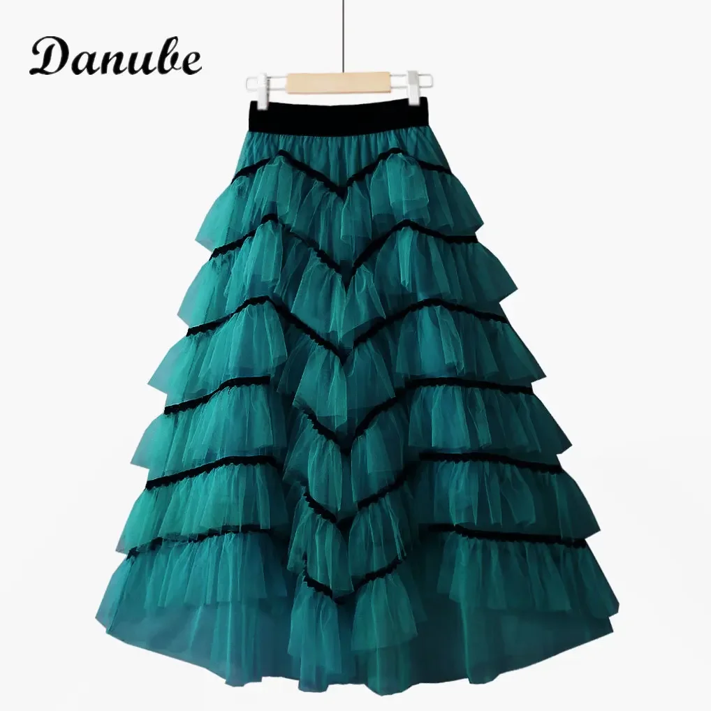 Vintage Wave Multilayer Tulle Long Skirts Women Summer Korean High Waist Tutu Skirts Female Elegant Ruffles Mesh Pleated Skirts