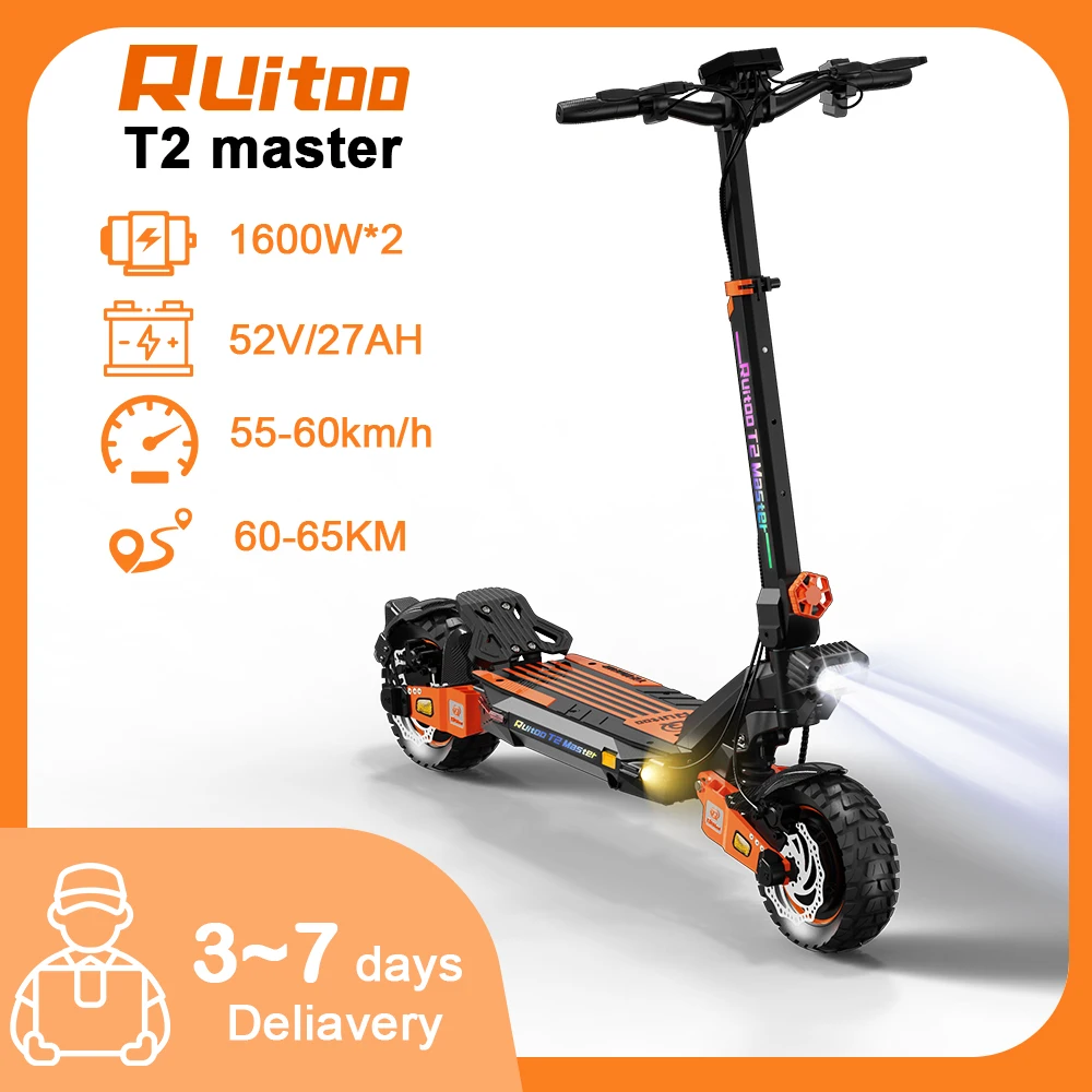 

Электрический скутер Ruitoo T2 Master, двигатель с двойным питанием 1600 Вт * 2, до 60 км/ч, аккумулятор большой емкости 52 В, 27 Ач, дальность действия 65 км