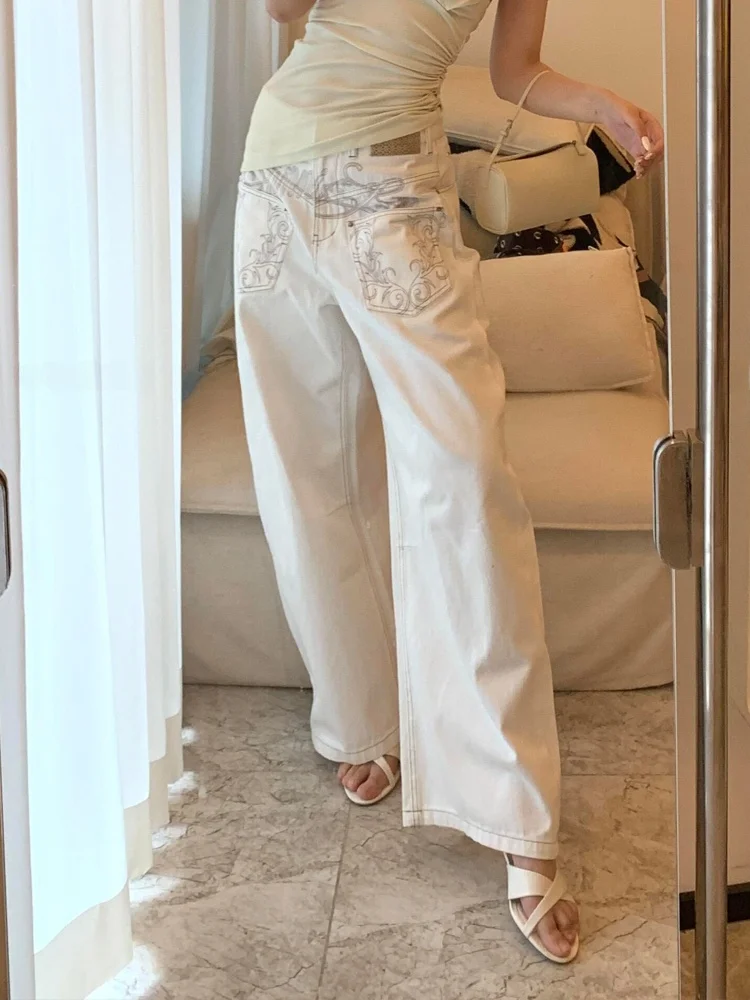 American High Street Design Printed Distred Wide Leg Jeans Women's Sexy Knife  Pants High Waist Long Trousers