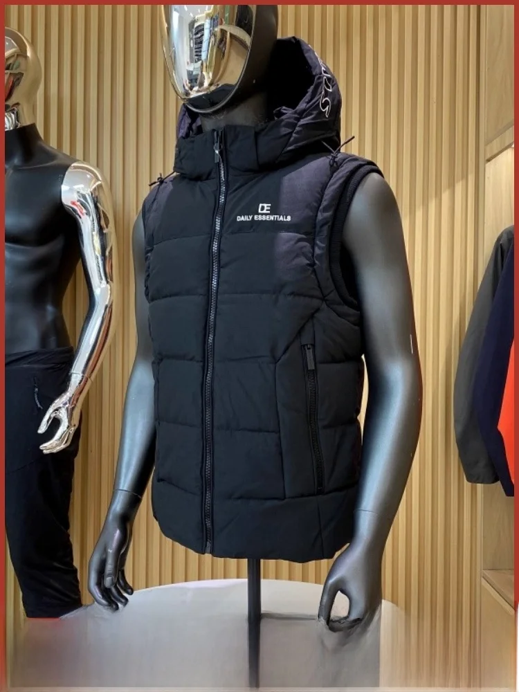 

Thiened зимний хлопковый жилет для мужчин, повседневная вышивка Proc, съемный капюшон, подставка, украшение на молнии, полиэфирное волокно