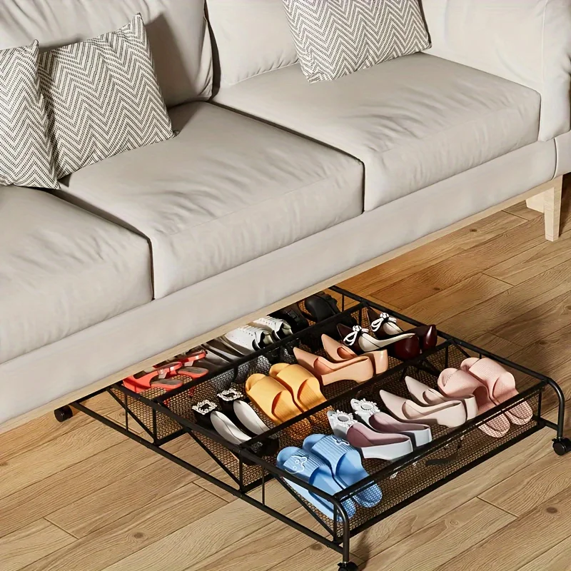 1-pack Black Under-Bed Shoe Rack with Wheels, Movable Under-Bed Shoe Storage Box, Organizer, Shoe Rack, Movable