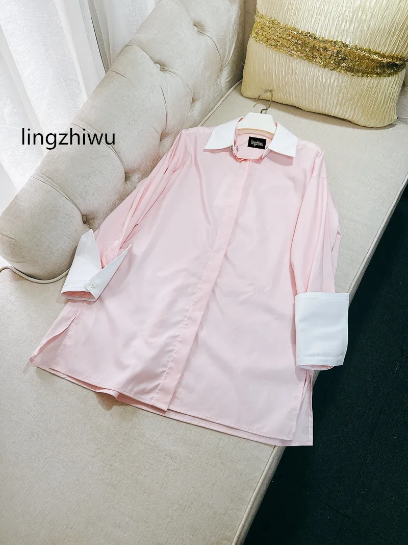 lingzhiwu Pink Blouse 2024 Spring French Designer Detachable Long Shirt Tencel Cotton Vintage Top New Arrive