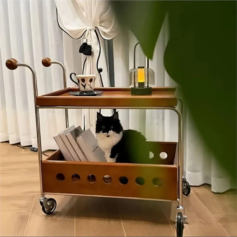 Movable Side Table Small Cart Living Room Sofa Coffee Table Side Cabinet Medieval Solid Wood Bedside Storage Shelf Dining Car