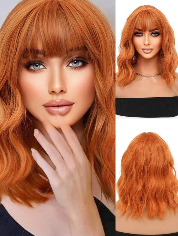 

14 Inch Orange Synthetic Curly Bob Wig Shoulder Length Medium Wavy Hair Wig